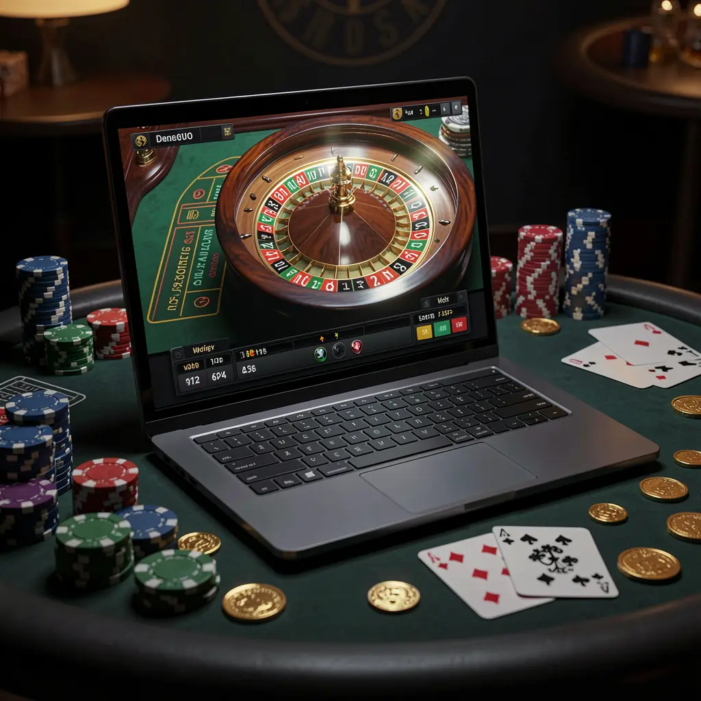 Elegant online roulette setup on a laptop with scattered casino chips and cards highlighting the premium gaming style of PP88 casino for Vietnam players