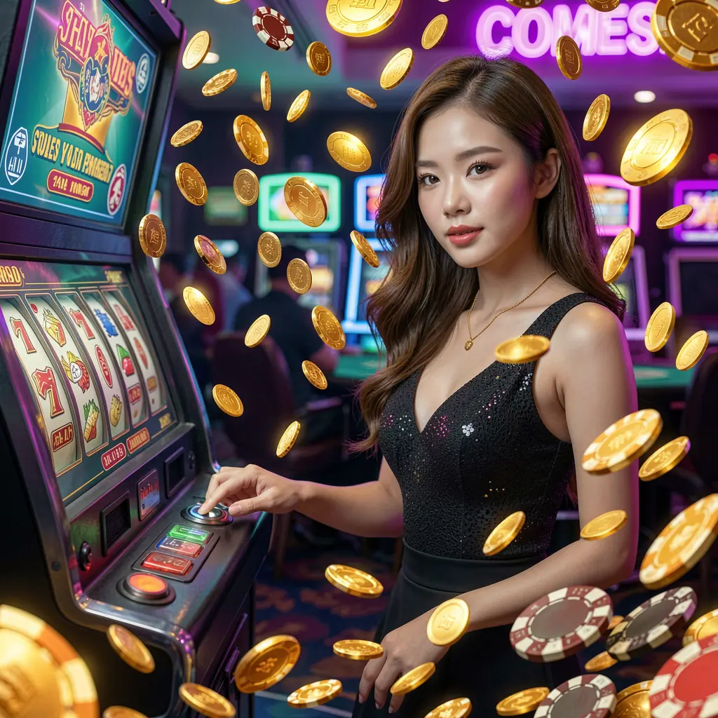 A glamorous woman playing a modern slot machine as golden coins rain down, capturing the excitement and luxury casino atmosphere of PP88 slots in Vietnam
